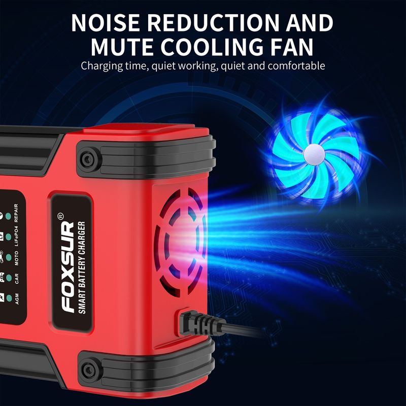 Auto si Moto - Reparatii si depanare - Redresoare - Incarcator Redresor baterii auto-moto inteligent FOXSur FBC122412D, 12V 12A/24V 6A, 7 trepte incarcare, LCD, rosu - Infinity.ro