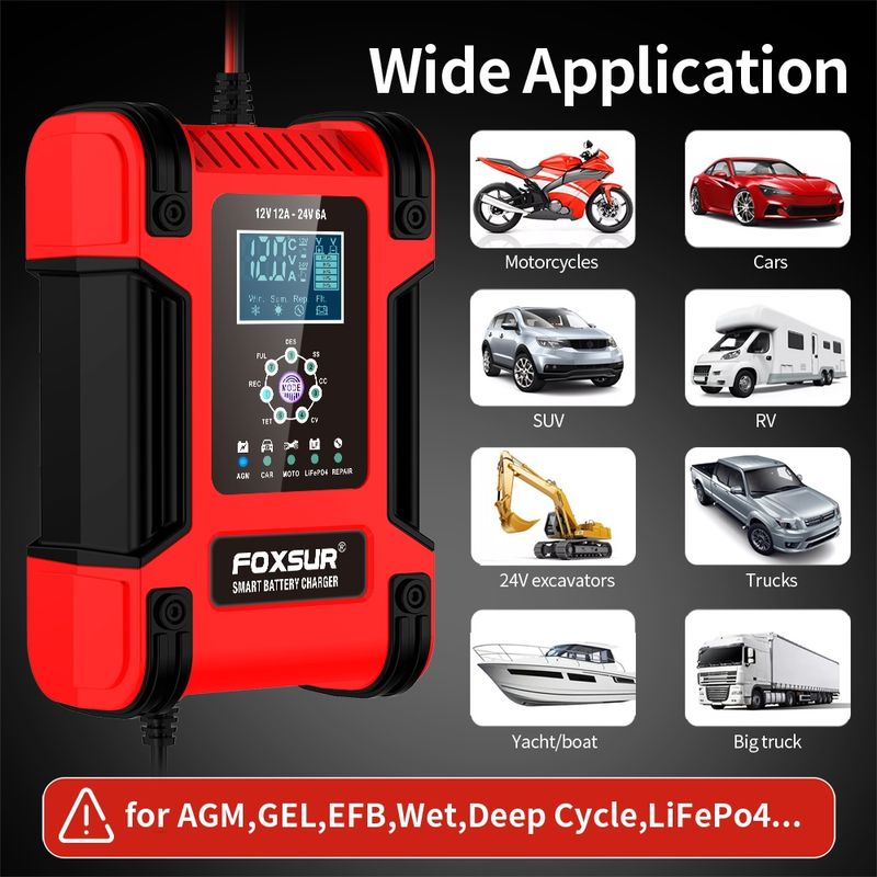 Auto si Moto - Reparatii si depanare - Redresoare - Incarcator Redresor baterii auto-moto inteligent FOXSur FBC122412D, 12V 12A/24V 6A, 7 trepte incarcare, LCD, rosu - Infinity.ro