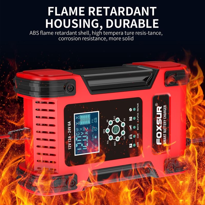 Auto si Moto - Reparatii si depanare - Redresoare - Incarcator Redresor baterii auto-moto inteligent FOXSur FBC122412D, 12V 12A/24V 6A, 7 trepte incarcare, LCD, rosu - Infinity.ro