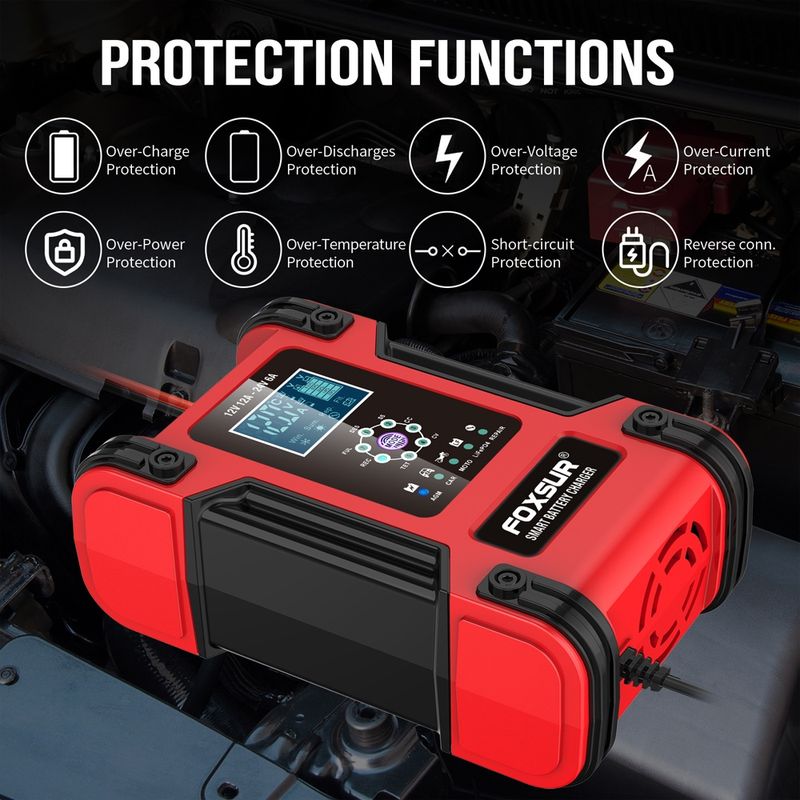 Auto si Moto - Reparatii si depanare - Redresoare - Incarcator Redresor baterii auto-moto inteligent FOXSur FBC122412D, 12V 12A/24V 6A, 7 trepte incarcare, LCD, rosu - Infinity.ro