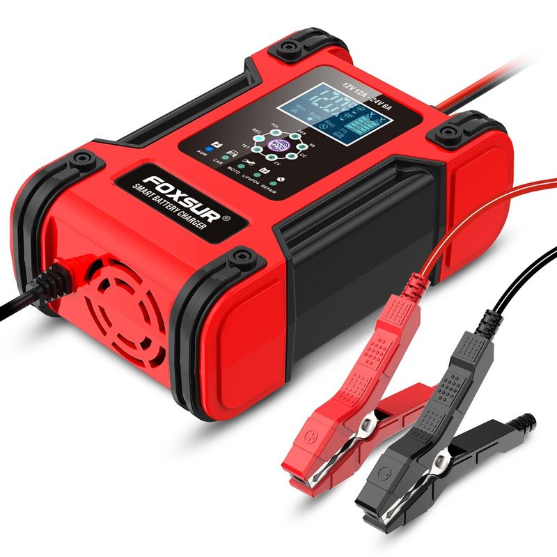 Auto si Moto - Reparatii si depanare - Redresoare - Incarcator Redresor baterii auto-moto inteligent FOXSur FBC122412D, 12V 12A/24V 6A, 7 trepte incarcare, LCD, rosu - Infinity.ro