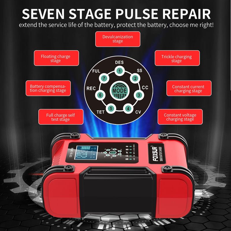 Auto si Moto - Reparatii si depanare - Redresoare - Incarcator Redresor baterii auto-moto inteligent FOXSur FBC122412D, 12V 12A/24V 6A, 7 trepte incarcare, LCD, rosu - Infinity.ro