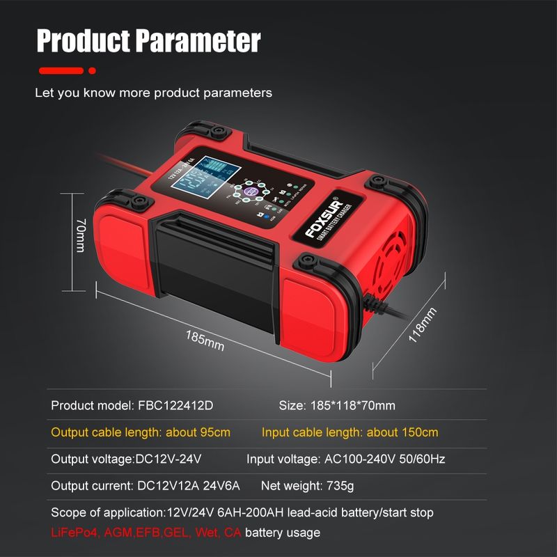 Auto si Moto - Reparatii si depanare - Redresoare - Incarcator Redresor baterii auto-moto inteligent FOXSur FBC122412D, 12V 12A/24V 6A, 7 trepte incarcare, LCD, rosu - Infinity.ro