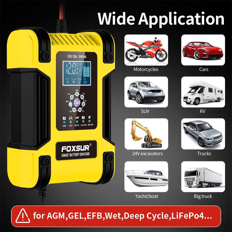 Auto si Moto - Reparatii si depanare - Redresoare - Incarcator Redresor baterii auto-moto inteligent FOXSur FBC122412D, 12V 12A/24V 6A, 7 trepte incarcare, LCD - Infinity.ro