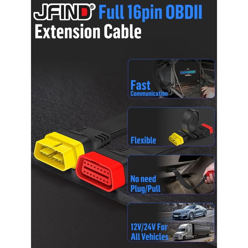 Auto si Moto - Reparatii si depanare - Sisteme de diagnoza - Cablu extensie OBDII JFIND JF36, 16 pini, 36cm, transmisie rapida, compatibil 12V/24V, impermeabil, rezistent temp - Infinity.ro