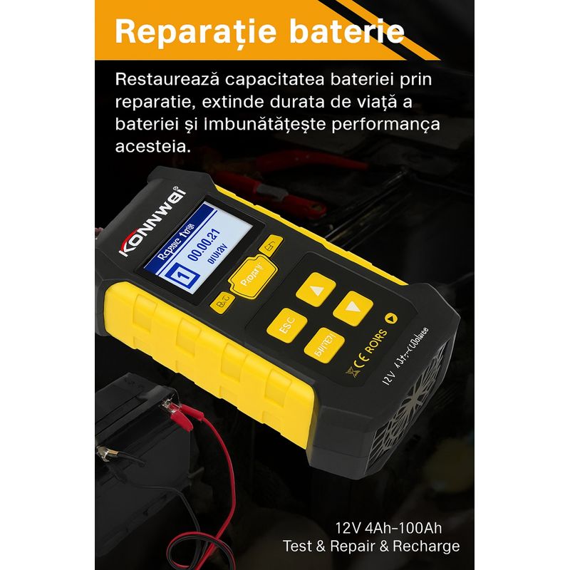 Auto si Moto - Reparatii si depanare - Scule auto - Testere si multimetre - Tester Baterie Auto KONNWEI KW510, Testare CCA, Incarcare, Reparatie, Suport 12V, Rezistenta, SOH, SOC, Test Ripple - Infinity.ro