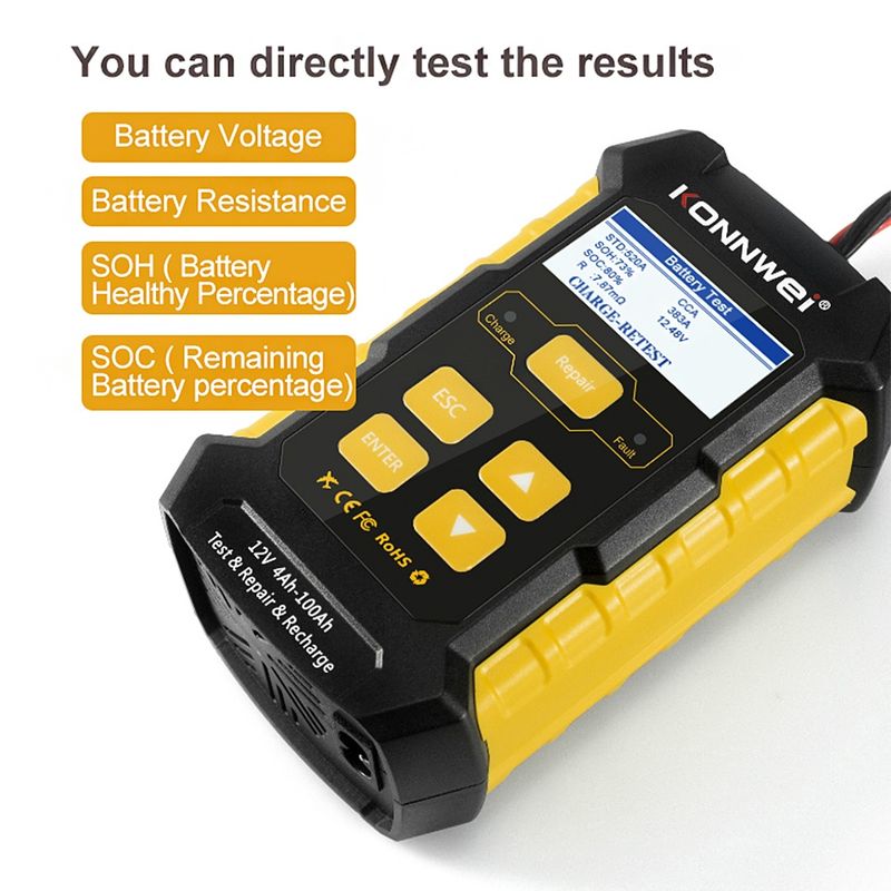 Auto si Moto - Reparatii si depanare - Scule auto - Testere si multimetre - Tester Baterie Auto KONNWEI KW510, Testare CCA, Incarcare, Reparatie, Suport 12V, Rezistenta, SOH, SOC, Test Ripple - Infinity.ro