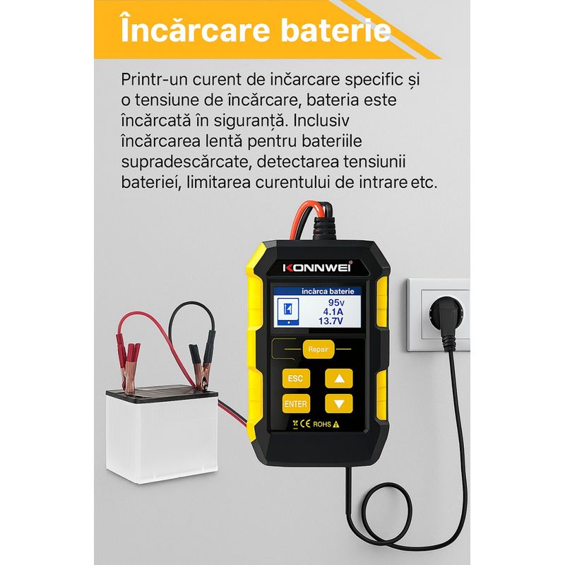 Auto si Moto - Reparatii si depanare - Scule auto - Testere si multimetre - Tester Baterie Auto KONNWEI KW510, Testare CCA, Incarcare, Reparatie, Suport 12V, Rezistenta, SOH, SOC, Test Ripple - Infinity.ro