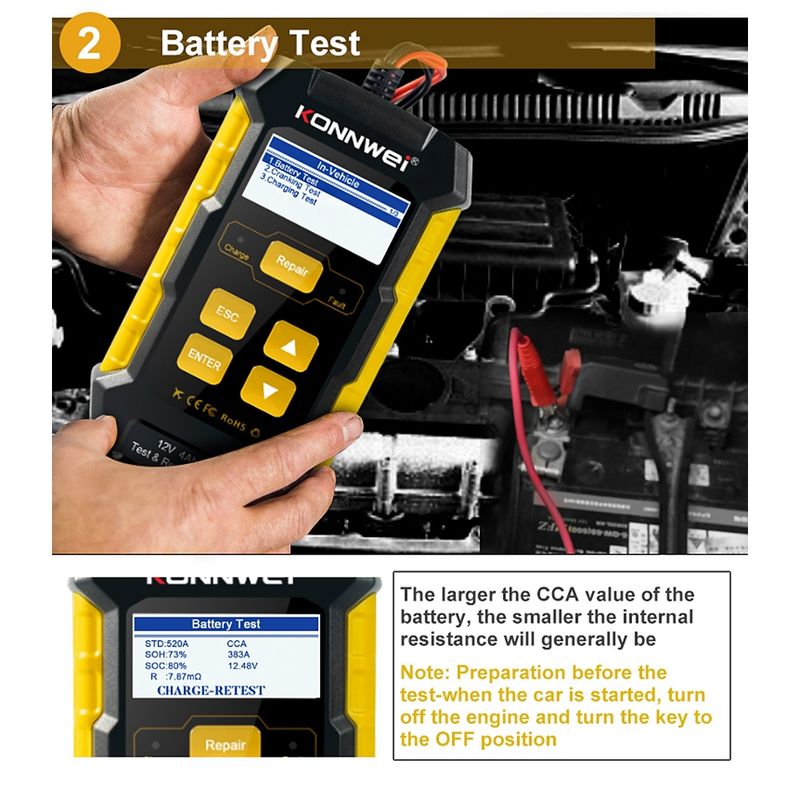 Auto si Moto - Reparatii si depanare - Scule auto - Testere si multimetre - Tester Baterie Auto KONNWEI KW510, Testare CCA, Incarcare, Reparatie, Suport 12V, Rezistenta, SOH, SOC, Test Ripple - Infinity.ro