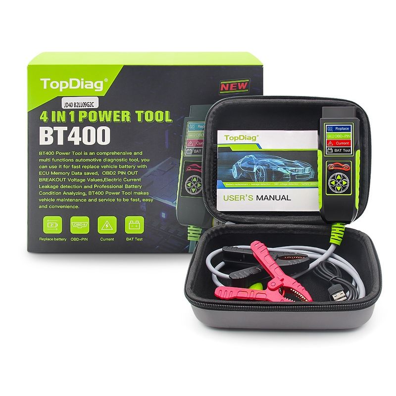 Auto si Moto - Reparatii si depanare - Scule auto - Testere si multimetre - Tester auto Topdiag BT400 4 in 1, test baterie, tensiune pini OBD2, pierderi curent, asistenta inlocuire acumulator - Infinity.ro