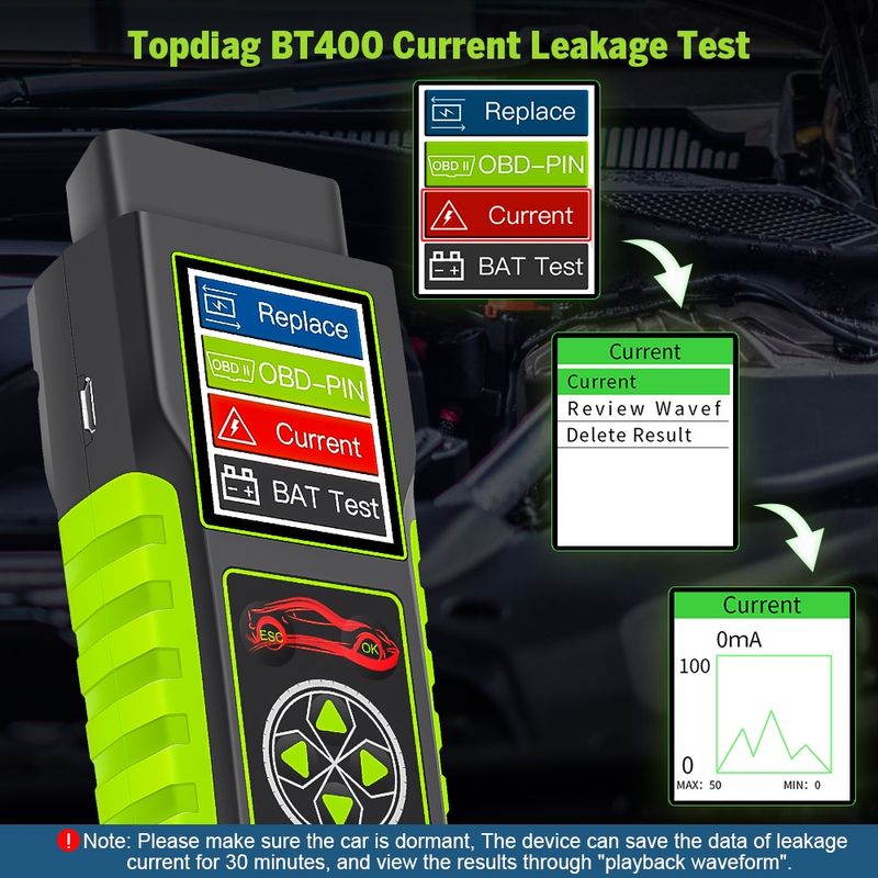 Auto si Moto - Reparatii si depanare - Scule auto - Testere si multimetre - Tester auto Topdiag BT400 4 in 1, test baterie, tensiune pini OBD2, pierderi curent, asistenta inlocuire acumulator - Infinity.ro