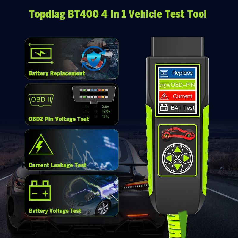 Auto si Moto - Reparatii si depanare - Scule auto - Testere si multimetre - Tester auto Topdiag BT400 4 in 1, test baterie, tensiune pini OBD2, pierderi curent, asistenta inlocuire acumulator - Infinity.ro