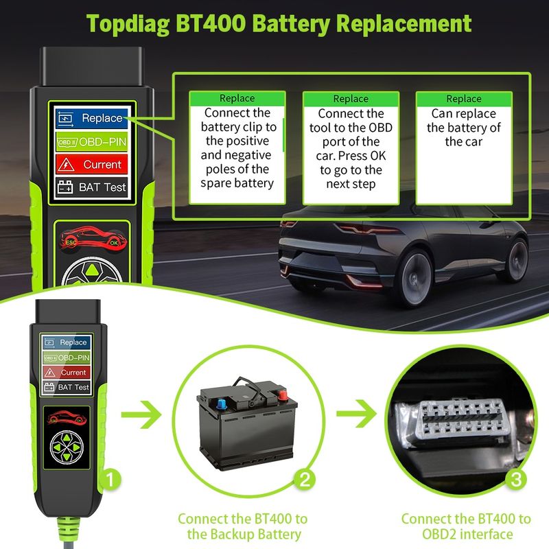Auto si Moto - Reparatii si depanare - Scule auto - Testere si multimetre - Tester auto Topdiag BT400 4 in 1, test baterie, tensiune pini OBD2, pierderi curent, asistenta inlocuire acumulator - Infinity.ro