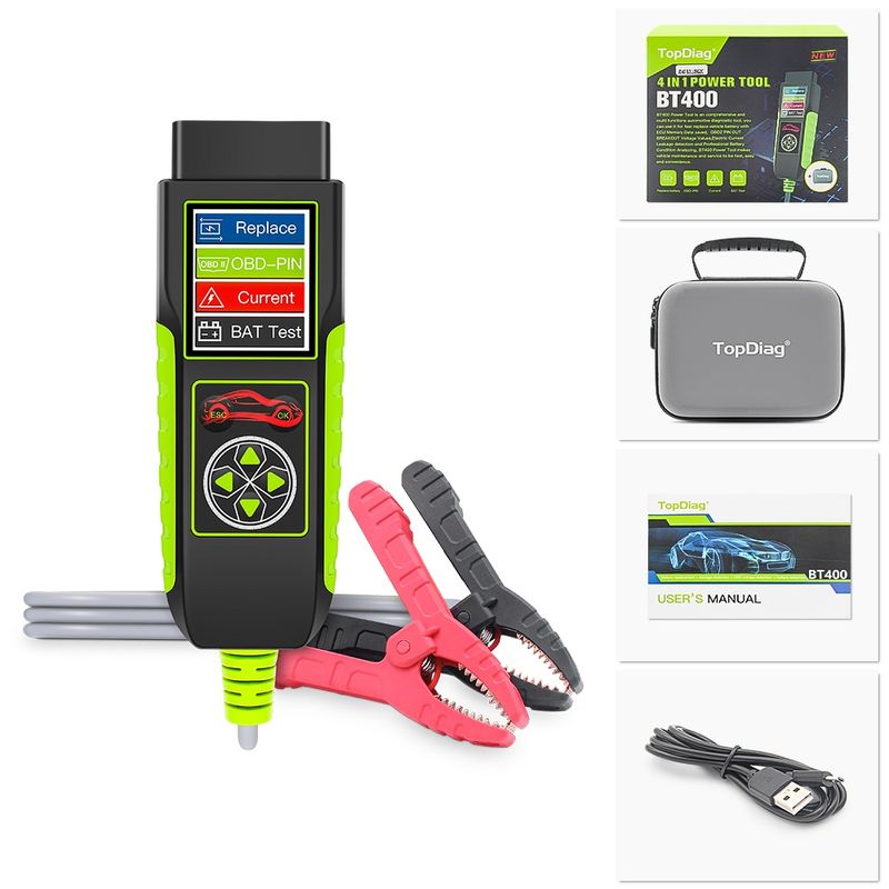Auto si Moto - Reparatii si depanare - Scule auto - Testere si multimetre - Tester auto Topdiag BT400 4 in 1, test baterie, tensiune pini OBD2, pierderi curent, asistenta inlocuire acumulator - Infinity.ro
