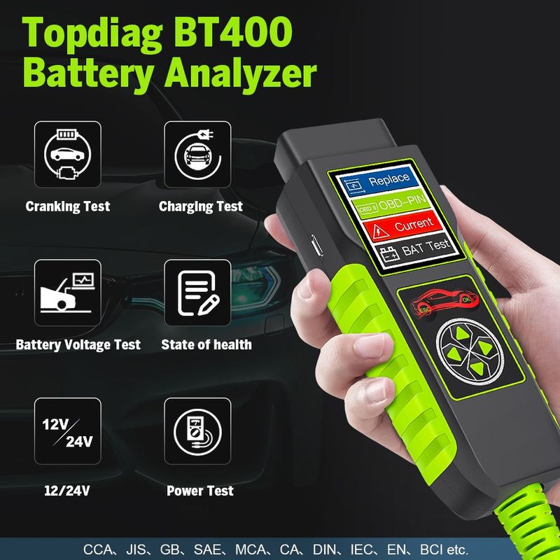 Auto si Moto - Reparatii si depanare - Scule auto - Testere si multimetre - Tester auto Topdiag BT400 4 in 1, test baterie, tensiune pini OBD2, pierderi curent, asistenta inlocuire acumulator - Infinity.ro