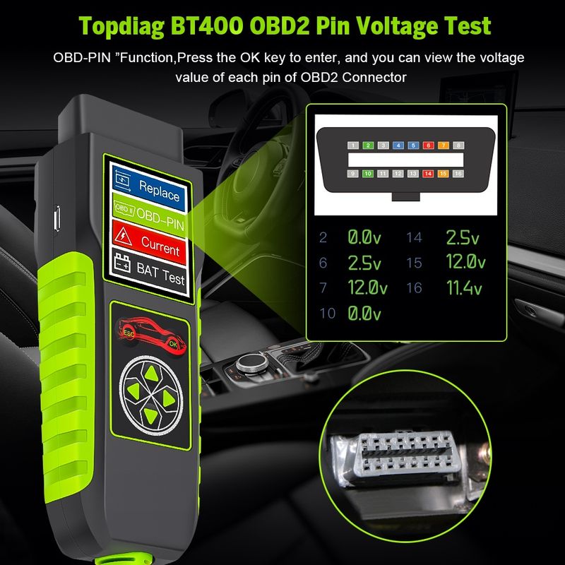 Auto si Moto - Reparatii si depanare - Scule auto - Testere si multimetre - Tester auto Topdiag BT400 4 in 1, test baterie, tensiune pini OBD2, pierderi curent, asistenta inlocuire acumulator - Infinity.ro