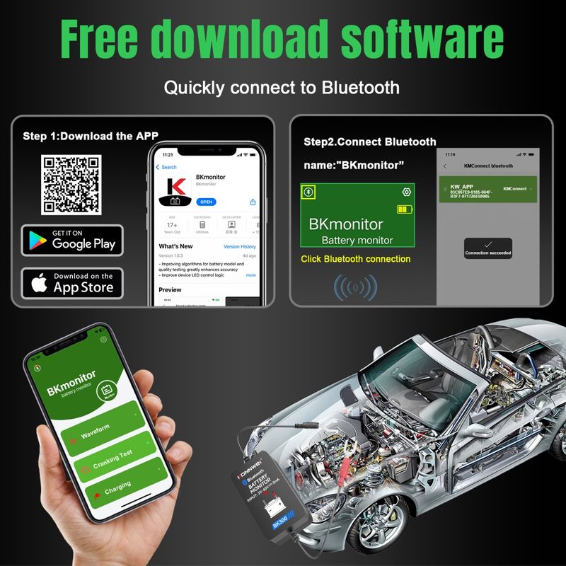 Auto si Moto - Reparatii si depanare - Scule auto - Testere si multimetre - Tester Baterie Auto Inteligent cu Bluetooth 5.0 KONNWEI BK300, Aplicatie Telefon, Android si iOS, Monitor Baterie Wifi - Infinity.ro