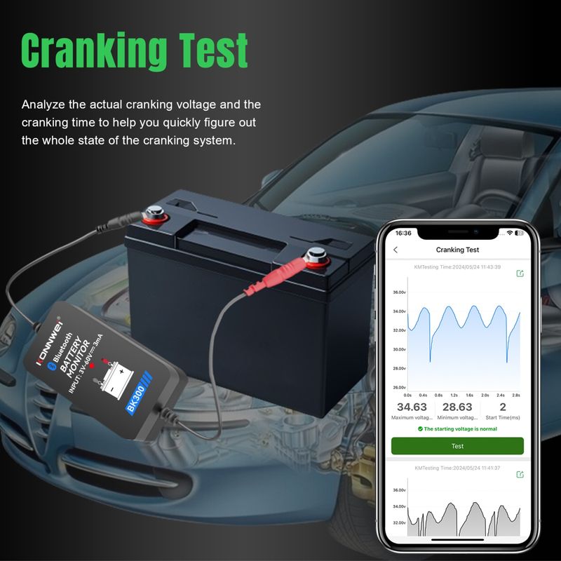 Auto si Moto - Reparatii si depanare - Scule auto - Testere si multimetre - Tester Baterie Auto Inteligent cu Bluetooth 5.0 KONNWEI BK300, Aplicatie Telefon, Android si iOS, Monitor Baterie Wifi - Infinity.ro