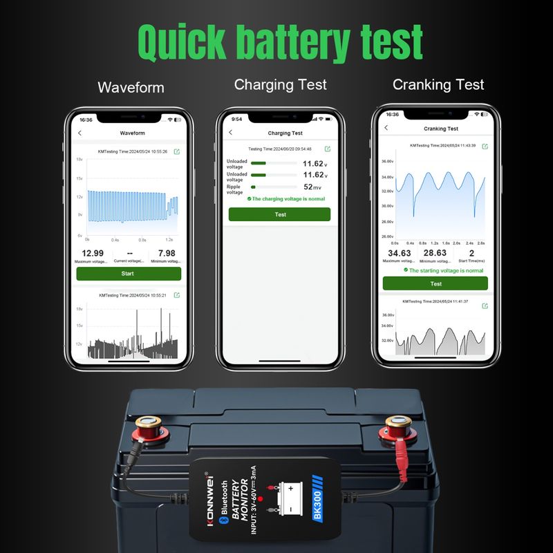 Auto si Moto - Reparatii si depanare - Scule auto - Testere si multimetre - Tester Baterie Auto Inteligent cu Bluetooth 5.0 KONNWEI BK300, Aplicatie Telefon, Android si iOS, Monitor Baterie Wifi - Infinity.ro