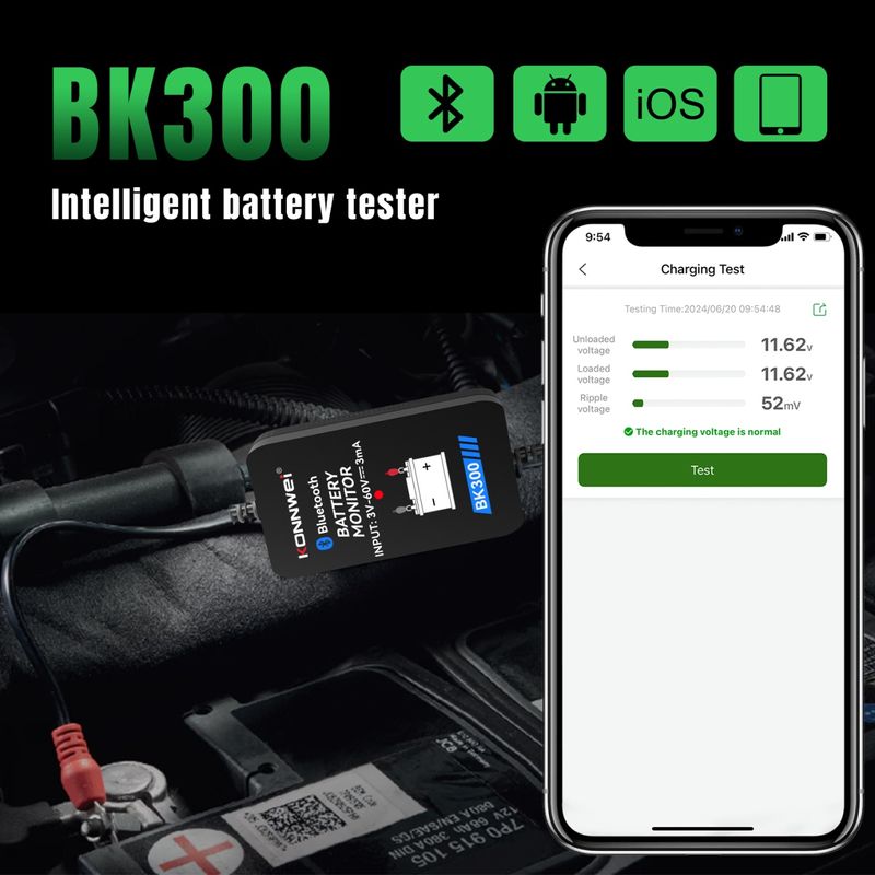 Auto si Moto - Reparatii si depanare - Scule auto - Testere si multimetre - Tester Baterie Auto Inteligent cu Bluetooth 5.0 KONNWEI BK300, Aplicatie Telefon, Android si iOS, Monitor Baterie Wifi - Infinity.ro