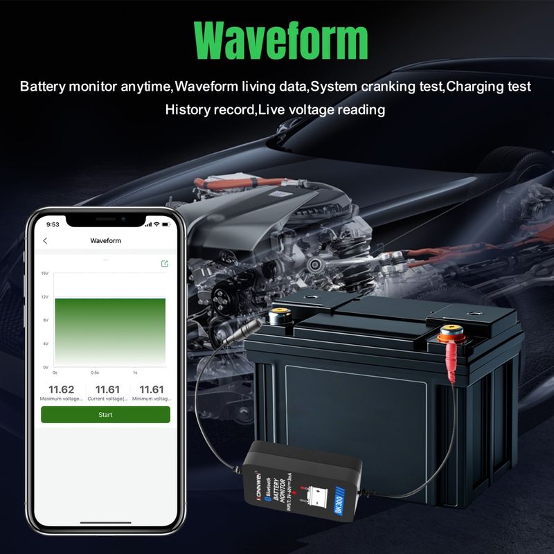 Auto si Moto - Reparatii si depanare - Scule auto - Testere si multimetre - Tester Baterie Auto Inteligent cu Bluetooth 5.0 KONNWEI BK300, Aplicatie Telefon, Android si iOS, Monitor Baterie Wifi - Infinity.ro