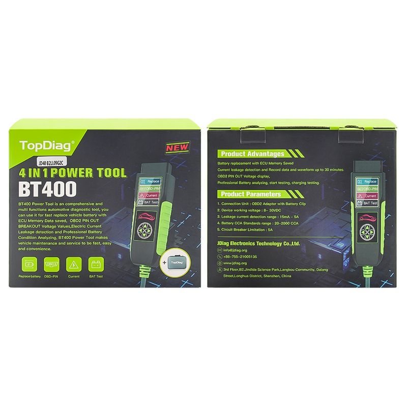 Auto si Moto - Reparatii si depanare - Scule auto - Testere si multimetre - Tester auto Topdiag BT400 4 in 1, test baterie, tensiune pini OBD2, pierderi curent, asistenta inlocuire acumulator - Infinity.ro