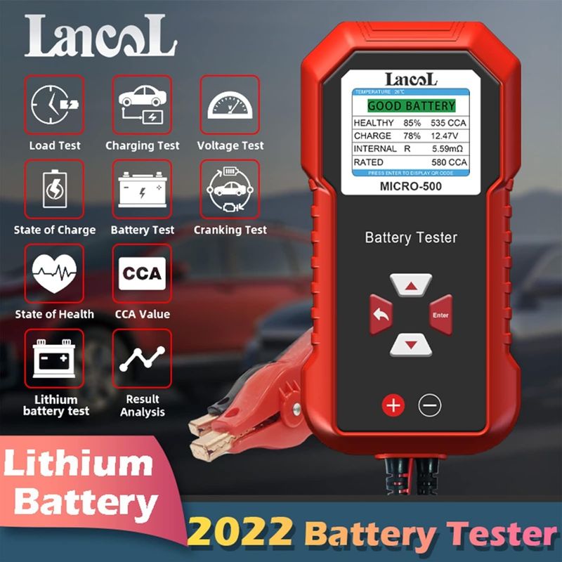 Auto si Moto - Reparatii si depanare - Scule auto - Testere si multimetre - Tester baterie auto Lancol MICRO-500, verificare rapida 12V Plumb-Acid si LiFePO4, compatibil AGM, GEL, EFB, rosu negru - Infinity.ro