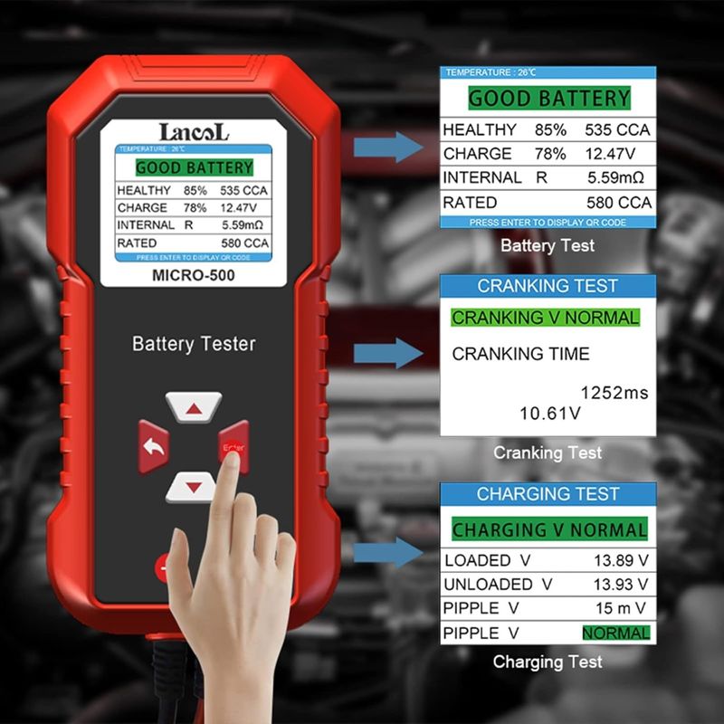 Auto si Moto - Reparatii si depanare - Scule auto - Testere si multimetre - Tester baterie auto Lancol MICRO-500, verificare rapida 12V Plumb-Acid si LiFePO4, compatibil AGM, GEL, EFB, rosu negru - Infinity.ro