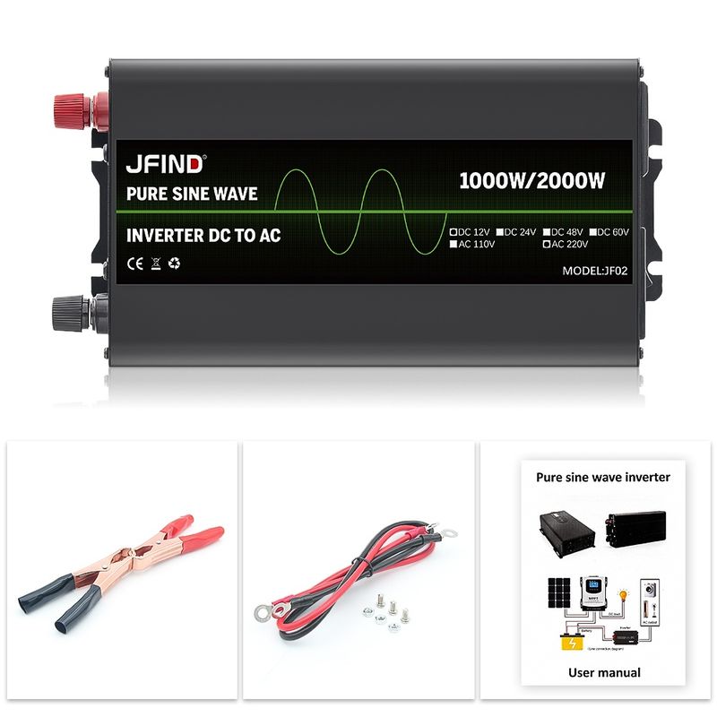 Auto si Moto - Reparatii si depanare - Invertoare auto - Invertor auto JFIND JF02, unda sinusoidala pura, 12V la 220V, 1000W continuu, 2000W varf, afisaj LCD, protectii multiple - Infinity.ro