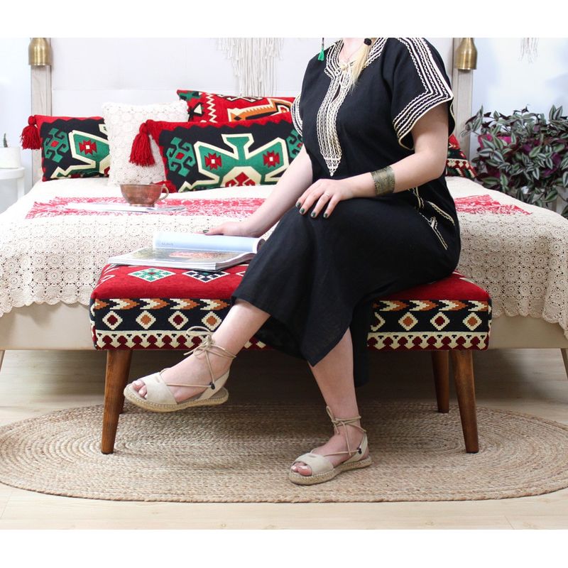 Casa si Gradina - Mobilier - Canapele si coltare - Banchete - Bancheta, Hanah Home, bumbac si poliester, multicolor, picioare lemn, 91x46x42 cm - Infinity.ro