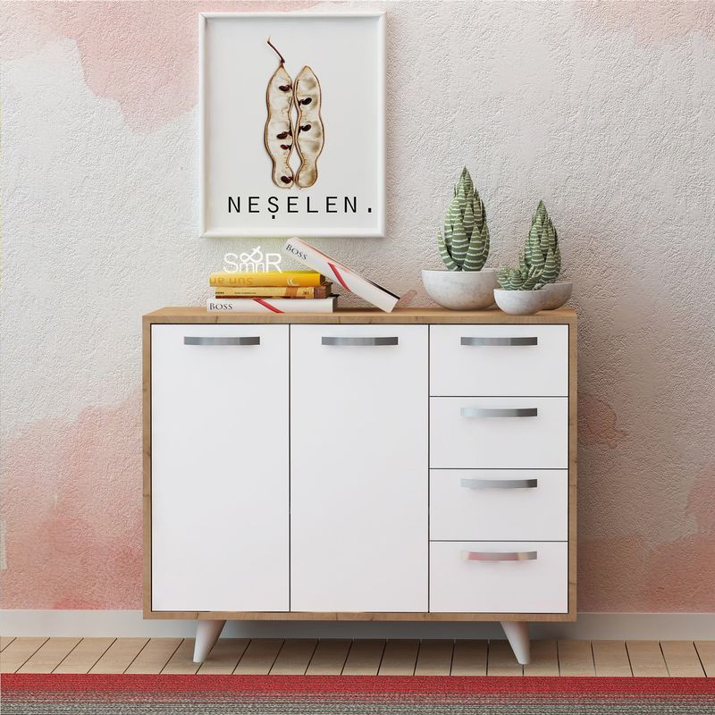 Casa si Gradina - Mobilier - Comode si corpuri - Comode - Comoda, Hanah Home, pal melaminat, stejar si alb, 100x35x82 cm - Infinity.ro