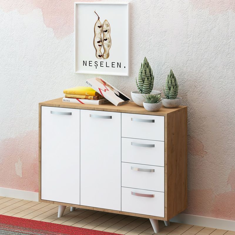 Casa si Gradina - Mobilier - Comode si corpuri - Comode - Comoda, Hanah Home, pal melaminat, stejar si alb, 100x35x82 cm - Infinity.ro