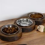 Petshop - Accesorii petshop - Castroane si adapatori - Bol pentru hrana animale, Hanah Home, lemn de molid, nuc, 16.5x48x3.5 cm - Infinity.ro