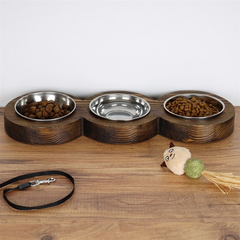 Petshop - Accesorii petshop - Castroane si adapatori - Bol pentru hrana animale, Hanah Home, lemn de molid, nuc, 16.5x48x3.5 cm - Infinity.ro