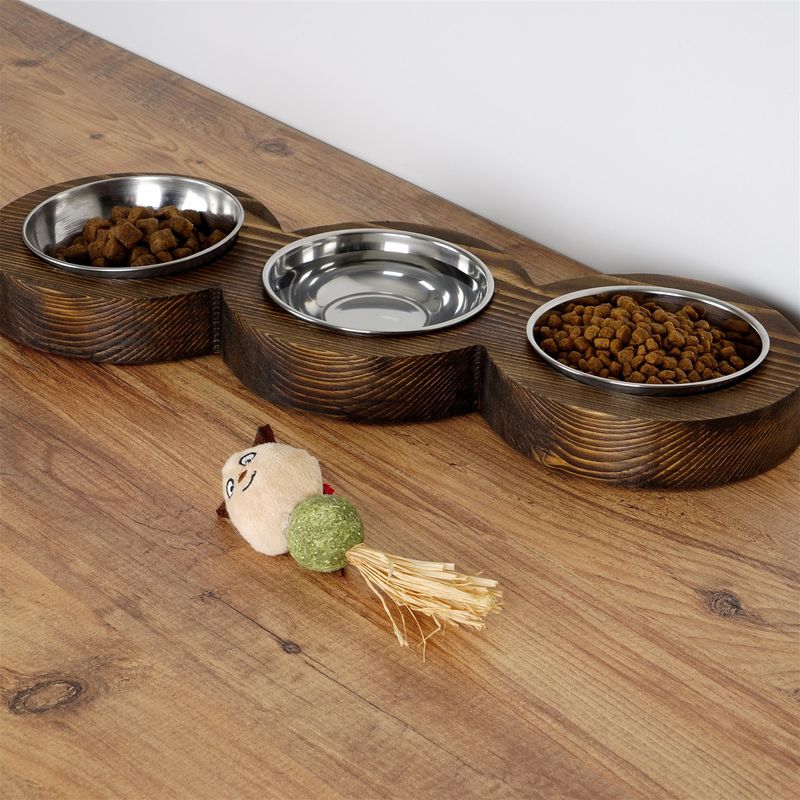 Petshop - Accesorii petshop - Castroane si adapatori - Bol pentru hrana animale, Hanah Home, lemn de molid, nuc, 16.5x48x3.5 cm - Infinity.ro