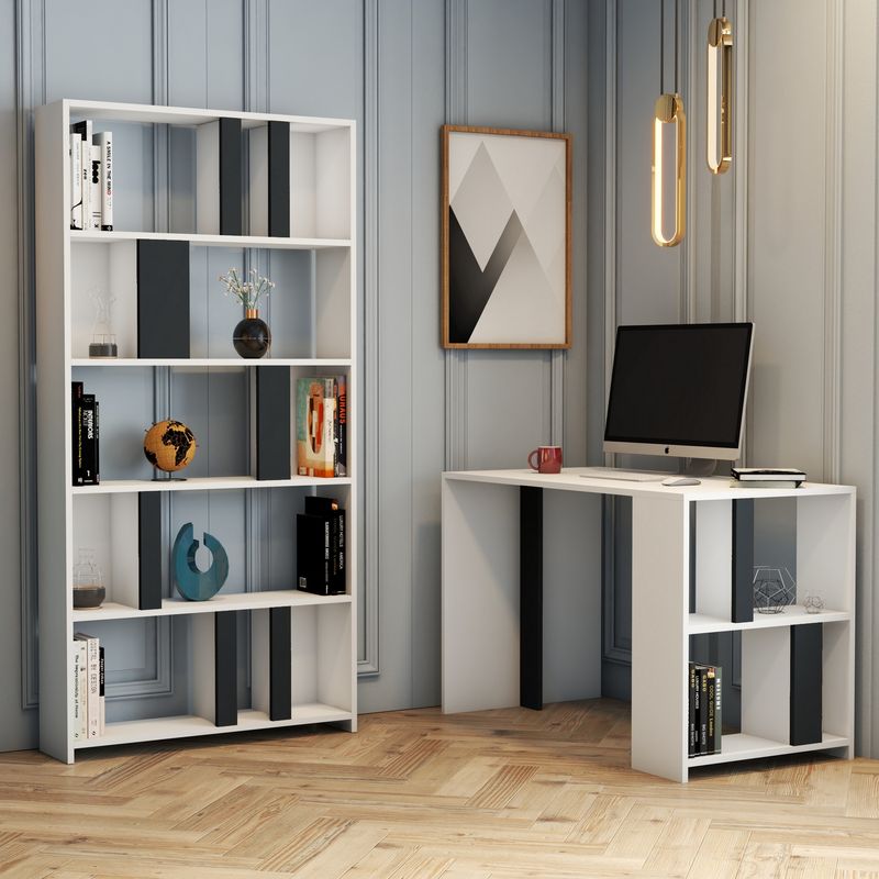 Casa si Gradina - Mobilier - Mese si birouri - Birouri - Birou cu rafturi, Hanah Home, pal melaminat, alb si antracit, 120x60x75.4 cm - Infinity.ro
