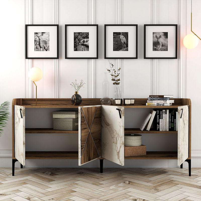Casa si Gradina - Mobilier - Comode si corpuri - Console - Consola, Hanah Home, panou din lemn acoperit cu melamina, nuc si alb, 180x35x78 cm - Infinity.ro