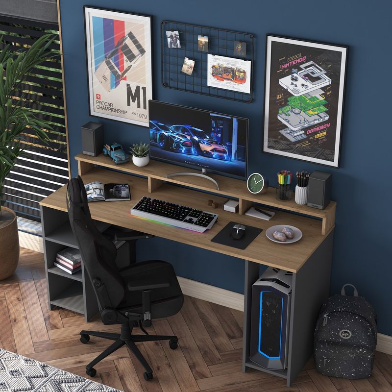 Casa si Gradina - Mobilier - Mese si birouri - Birouri - Birou de studiu, Hanah Home, pal melaminat, nuc si antracit, 160x55x89.5 cm, 893RAN3333 - Infinity.ro