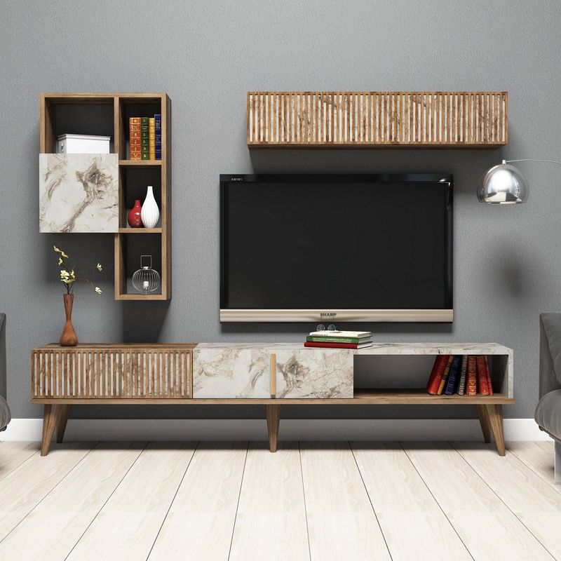 Casa si Gradina - Mobilier - Comode si corpuri - Comode - Comoda tv, Hanah Home, pal melaminat, nuc si alb, 180x40x35 cm, 845HCT3080 - Infinity.ro