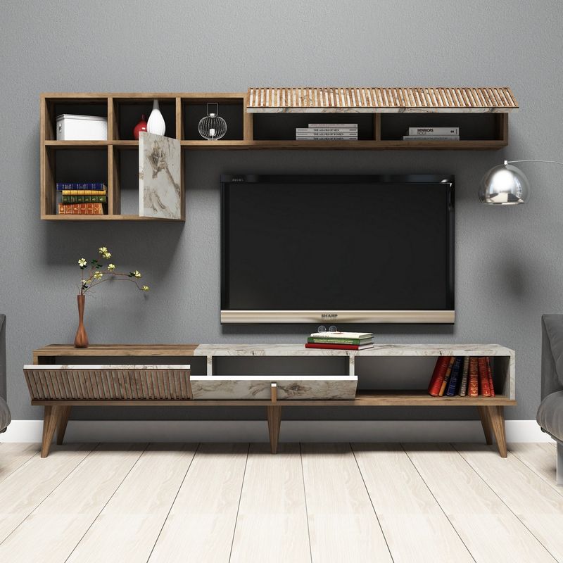 Casa si Gradina - Mobilier - Comode si corpuri - Comode - Comoda tv, Hanah Home, pal melaminat, nuc si alb, 180x40x35 cm, 845HCT3080 - Infinity.ro