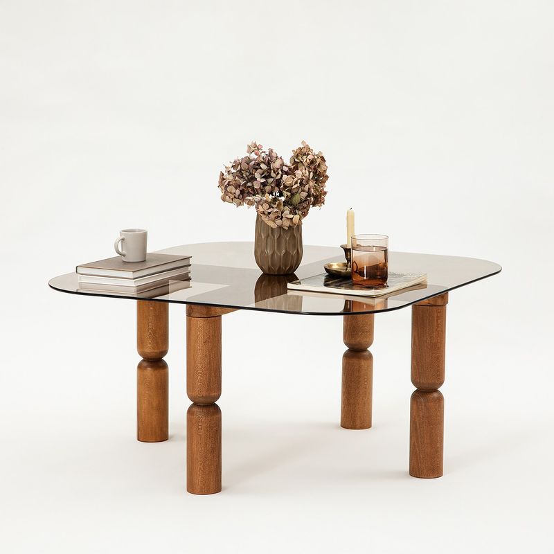 Casa si Gradina - Mobilier - Mese si birouri - Masute de cafea - Masuta de cafea, Hanah Home, lemn masiv, sticla securizata, nuc, bronz, 80x80x40 cm - Infinity.ro