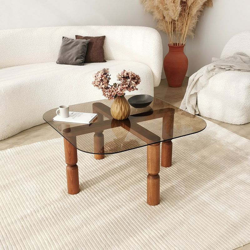 Casa si Gradina - Mobilier - Mese si birouri - Masute de cafea - Masuta de cafea, Hanah Home, lemn masiv, sticla securizata, nuc, bronz, 80x80x40 cm - Infinity.ro