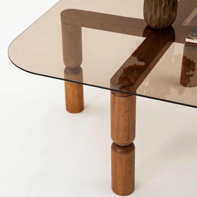 Casa si Gradina - Mobilier - Mese si birouri - Masute de cafea - Masuta de cafea, Hanah Home, lemn masiv, sticla securizata, nuc, bronz, 80x80x40 cm - Infinity.ro