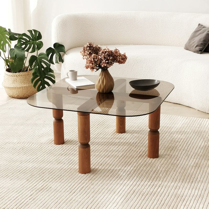 Casa si Gradina - Mobilier - Mese si birouri - Masute de cafea - Masuta de cafea, Hanah Home, lemn masiv, sticla securizata, nuc, bronz, 80x80x40 cm - Infinity.ro