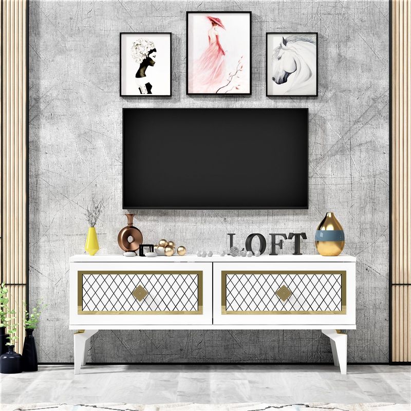 Casa si Gradina - Mobilier - Comode si corpuri - Comode - Comoda tv, Hanah Home, pal melaminat, alb auriu, 120x49x29.6 cm - Infinity.ro