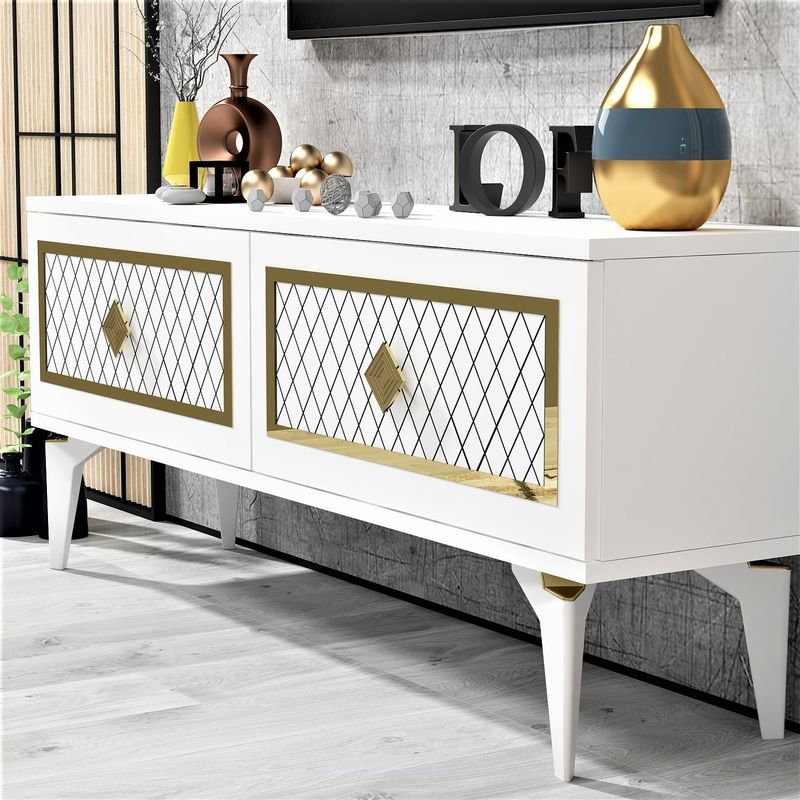 Casa si Gradina - Mobilier - Comode si corpuri - Comode - Comoda tv, Hanah Home, pal melaminat, alb auriu, 120x49x29.6 cm - Infinity.ro