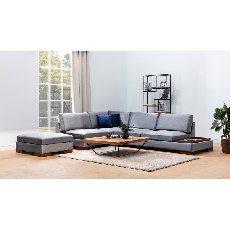 Casa si Gradina - Mobilier - Canapele si coltare - Coltare - Coltar cu pouf, Hanah Home, stanga, textil, gri inchis, 193x313x97 cm - Infinity.ro
