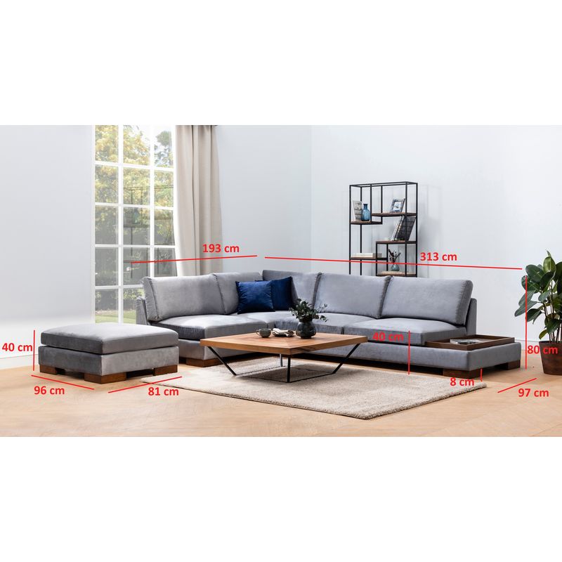 Casa si Gradina - Mobilier - Canapele si coltare - Coltare - Coltar cu pouf, Hanah Home, stanga, textil, gri inchis, 193x313x97 cm - Infinity.ro