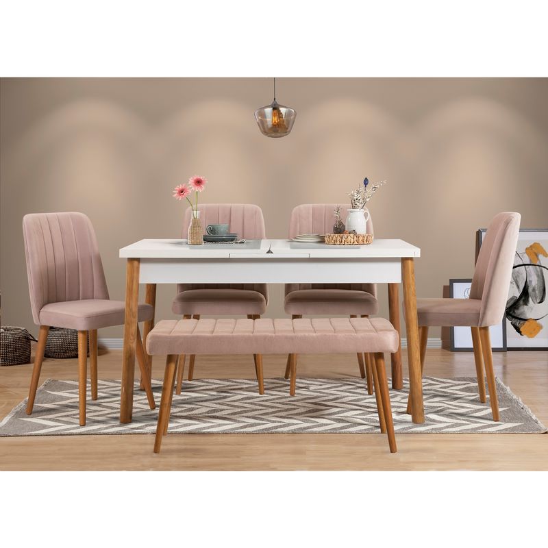 Casa si Gradina - Mobilier - Seturi de mobilier - Seturi mese si scaune - Set masa extensibila cu scaune, Hanah Home, pal melaminat, pin atlantic alb piatra, 120-153x75x77 cm - Infinity.ro