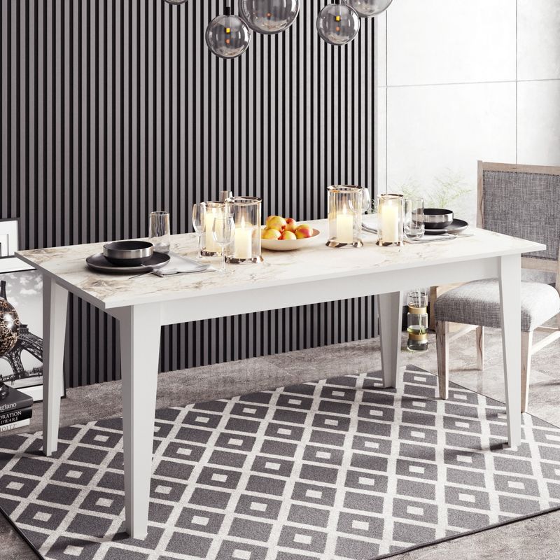 Casa si Gradina - Mobilier - Mese si birouri - Mese bucatarie si dining - Masa dining, Hanah Home, panou de particule melaminat, alb, model marmura, 180x90x76.8 cm - Infinity.ro